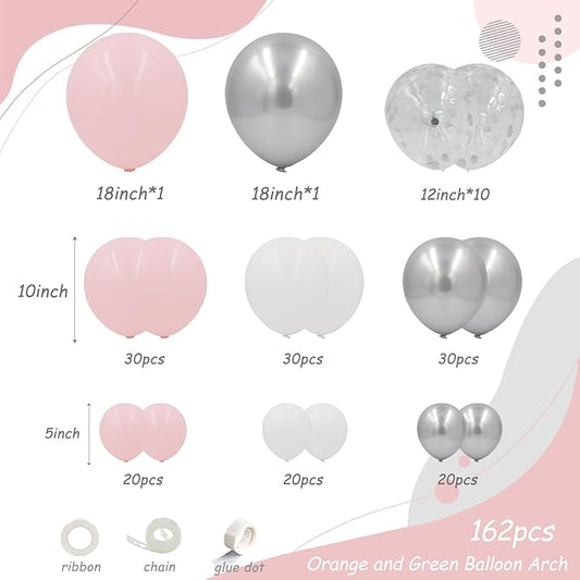 Pink White Silver Balloons Arch Kit, 162pcs Winter Wonderland Garland with Pastel Pink White Metallic Silver and Confetti Balloons for Wedding Princess Snowflake Theme Birthday Party Decorations
