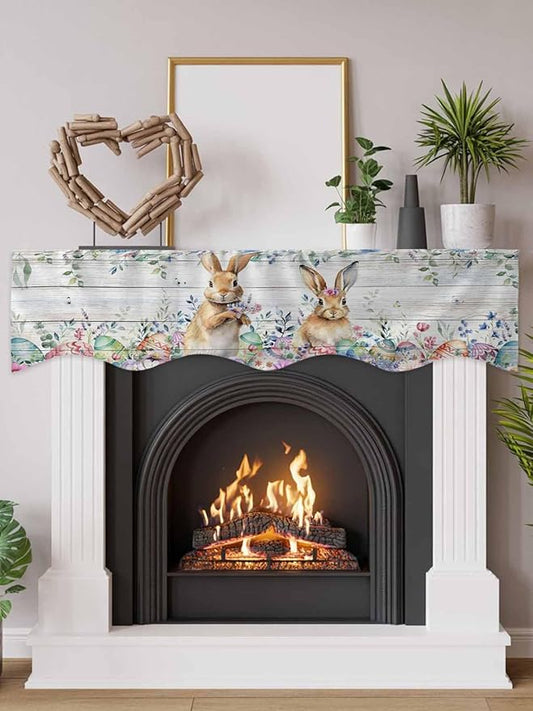Bunny Easter Fireplace Mantel Scarf Table Runner,Spring Floral Eucalyptus Leaves Weeping Wooden Winter Garland Mantel Top Tablerunners Dresser Scarves Cover for Windows Party Living Room 70"x17"