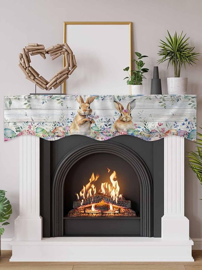 Bunny Easter Fireplace Mantel Scarf Table Runner,Spring Floral Eucalyptus Leaves Weeping Wooden Winter Garland Mantel Top Tablerunners Dresser Scarves Cover for Windows Party Living Room 90"x17"