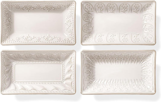 Artena Ceramic 8.25 Inch Rectangle Salad Plates Set of 4 - Deep Plates for Appetizer, Dessert, Dinner, Sushi, Snack, Pasta, Serving - Microwave Safe with Embossed Rim Design (Multiple Patterns)