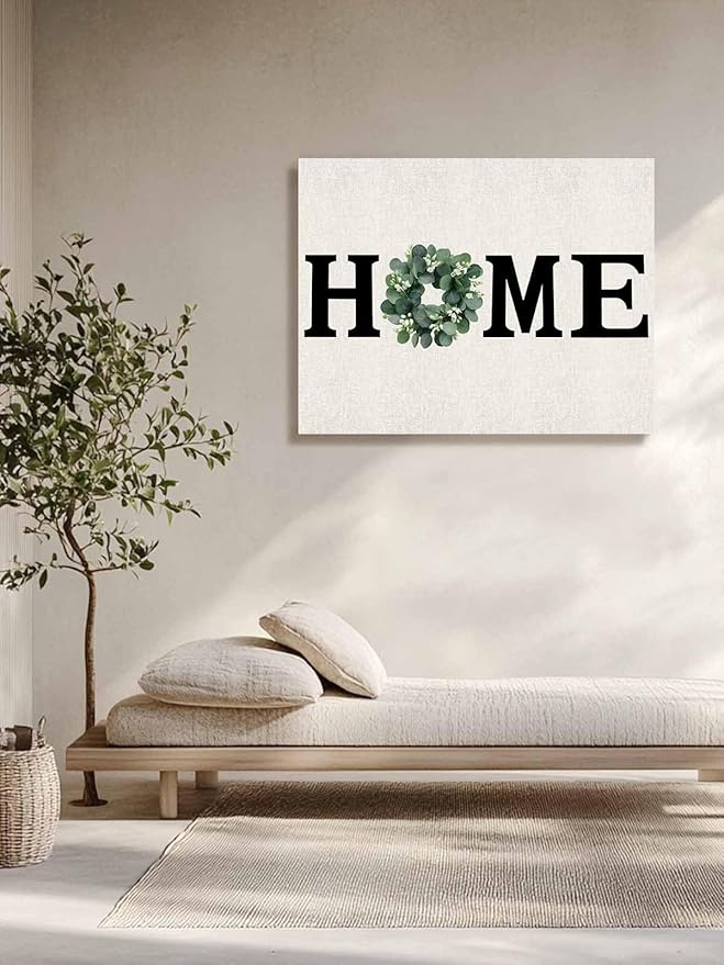 Home Green Eucalyptus Leaves Garland Canvas Wall Art Retro Linen Wall Painting Canvas Picture Prints Framed Artwork for Office Bedroom Bathroom Kitchen Home Decorations,16x12In