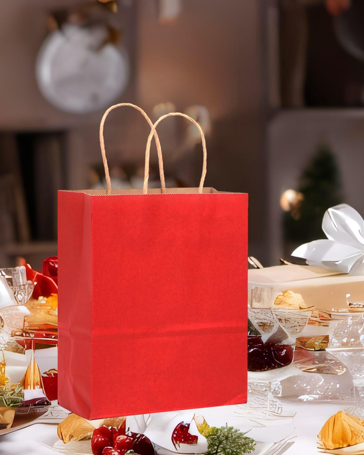 qiqee 100PCS Gift Bag with Handles Bulk Wine Red Paper Bags Multiple Uses (11"x5"x8" Medium Size)