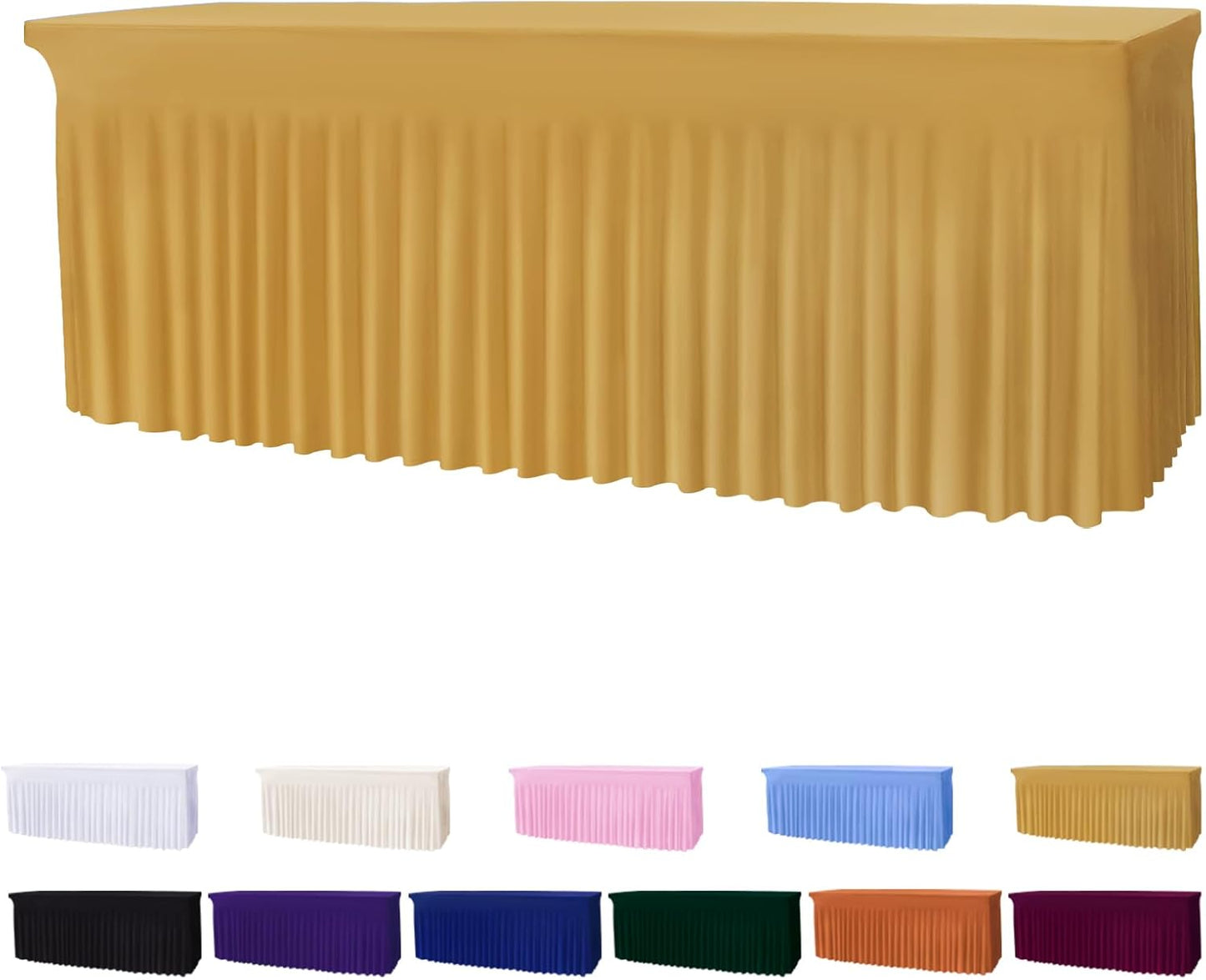 Table Skirts for 8ft Rectangle Tables - 1PCS Champagne Table Covers for 8 Foot Tables, Wrinkle Resistant Ruffles Elastic Table Cloths and Table Skirt for Banquets/Weddings/Parties/Birthday