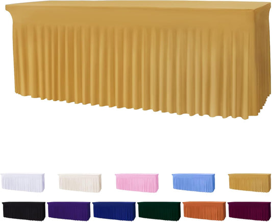Table Skirts for 8ft Rectangle Tables - 1PCS Champagne Table Covers for 8 Foot Tables, Wrinkle Resistant Ruffles Elastic Table Cloths and Table Skirt for Banquets/Weddings/Parties/Birthday