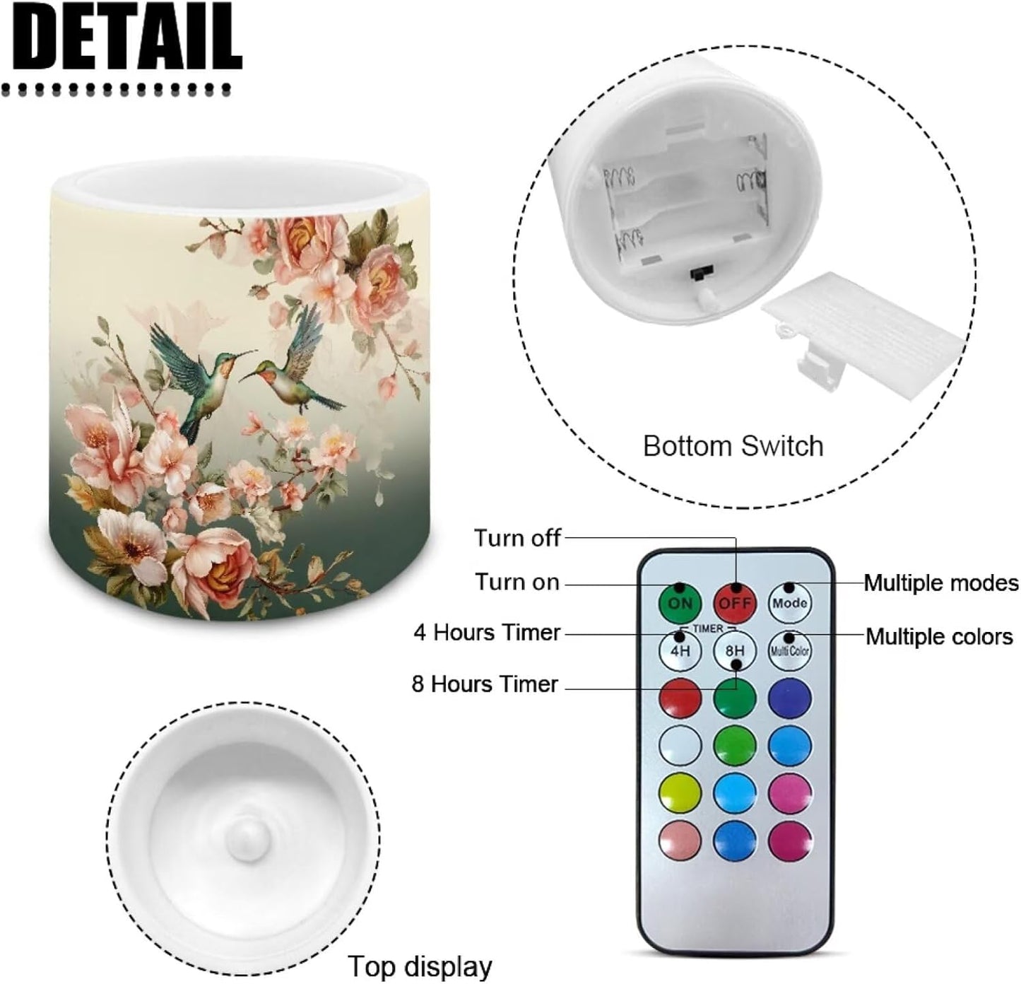 Poceacles Flameless LED Candles Set of 4 Battery Operated Candles with Remote and Timer, Realistic Flickering Tealights for Indoor Outdoor Decor, Hummingbird Floral Pattern
