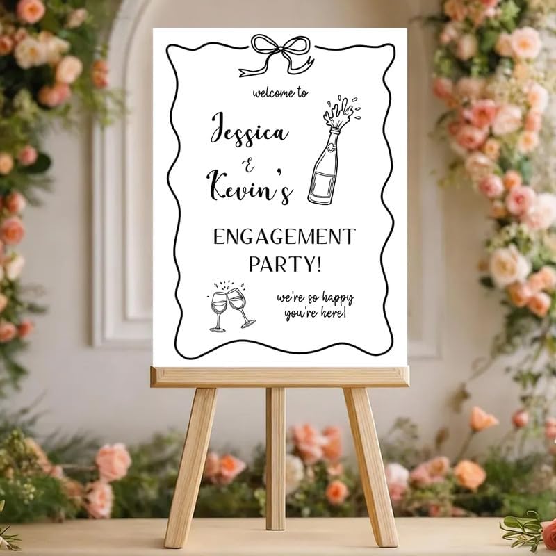 Black & White Bow Engagement Party Welcome Sign - Personalized Couples Yard Sign with Champagne & Glasses