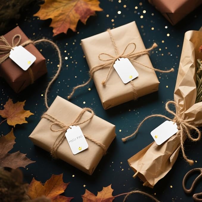 ASYEHJNR 100 Pcs Blank Gift Tags with String Gold Foil Maple Leaf Fall Large Gift Tags with 65 Ft Jute Twine White Paper Cute Tags for Fall Autumn Thanksgiving Harvest Party Gift Wrap Tags