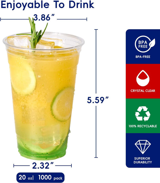 JOLLY CHEF 20 oz Clear Plastic Cups, 1000 Pack Disposable Plastic Cups, Party Drinking Cups for Birthday, Weddings, Picnics, Ceremonies, BBQs, and any Events