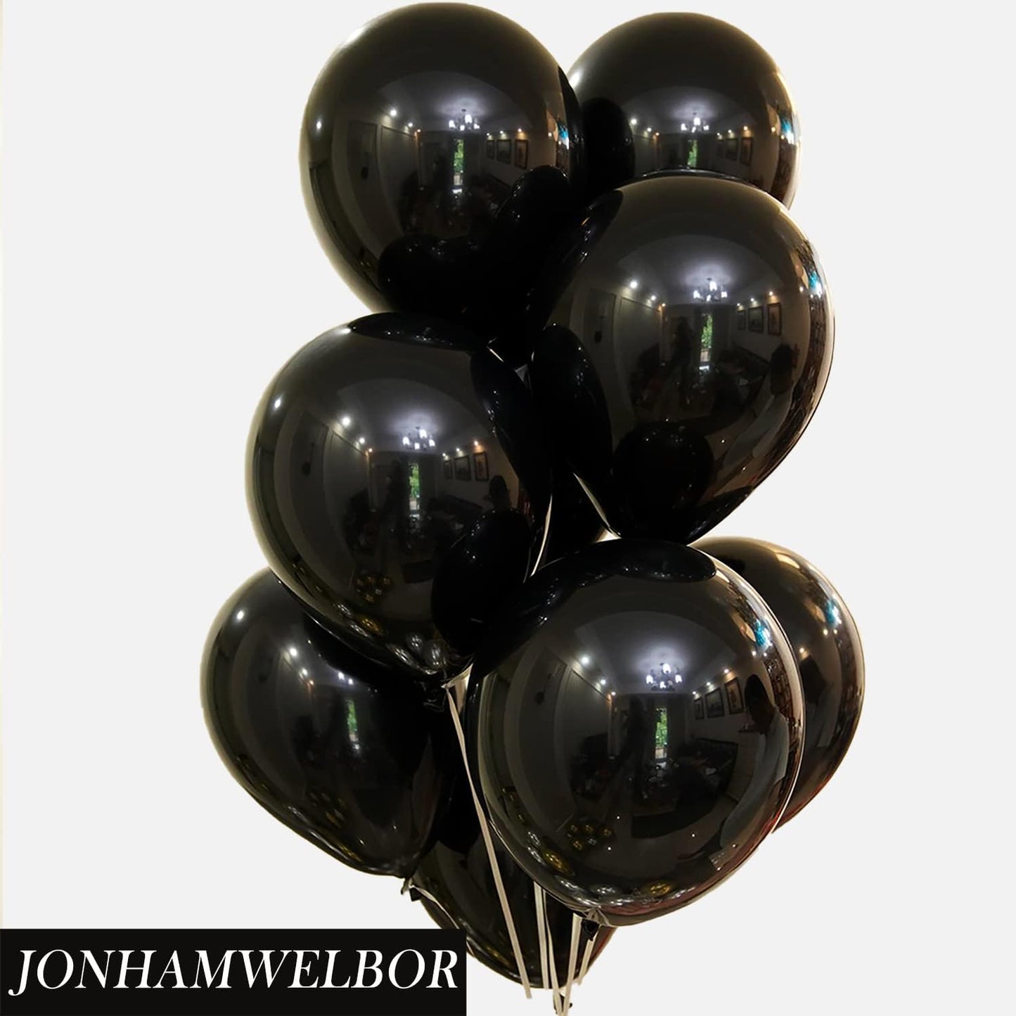 Jonhamwelbor Black Balloons 12 inch 100 Pack Black Latex Metallic Chrome Balloons for Birthday Halloween Graduation Baby Shower Party Decorations (with Ribbon)