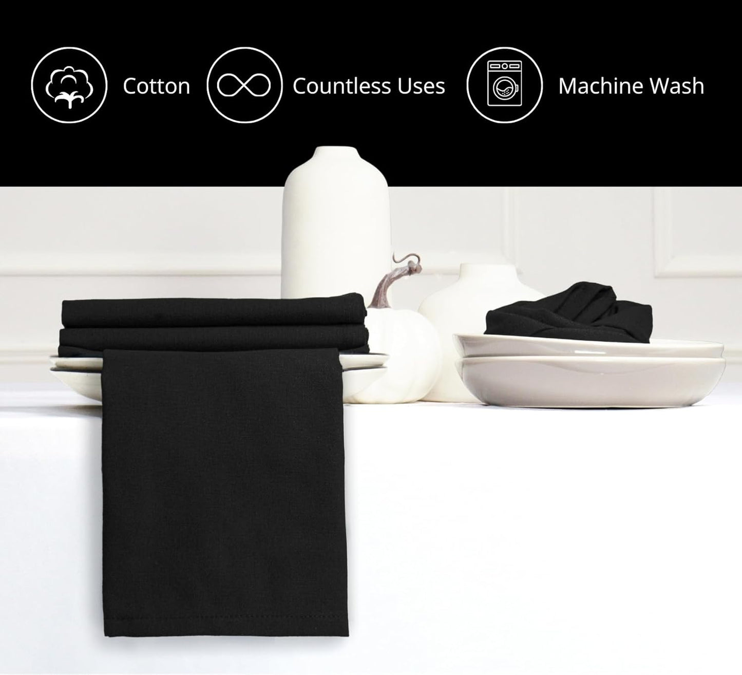 PurpleEssences Set of 12 Cloth Dinner Napkins 100% Cotton 18x18 Inch - Soft Durable Washable - Ideal for Farmhouse Party Fall Thanksgiving Halloween - Perfect Everyday Use Table Linen - Black