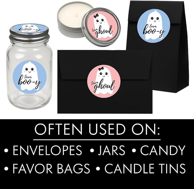 Halloween Gender Reveal Party, Team Boo-y or Team Ghoul Little Ghost Stickers - 40 Count (Pink and Blue)