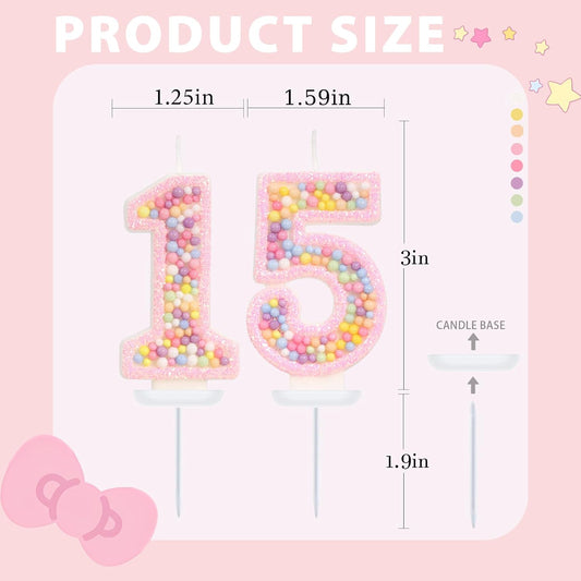 Birthday Candles - Number 15 Candle, Colorful Macaron Candles, 15 Birthday Decorations for Girls, Sweet Cake Decorations, Sweet Theme Party Supplies (Pink)