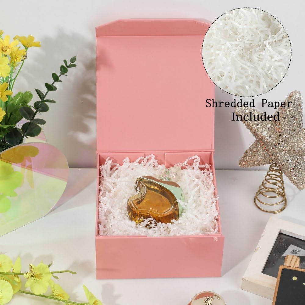 1 Pcs 6x6x3 Inch Pink Magnetic Gift Box Small Magnetic Box with Crinkle Paper Pink Small Gift Box with Shredded Paper Luxury Gift Boxes with Lids for Presents