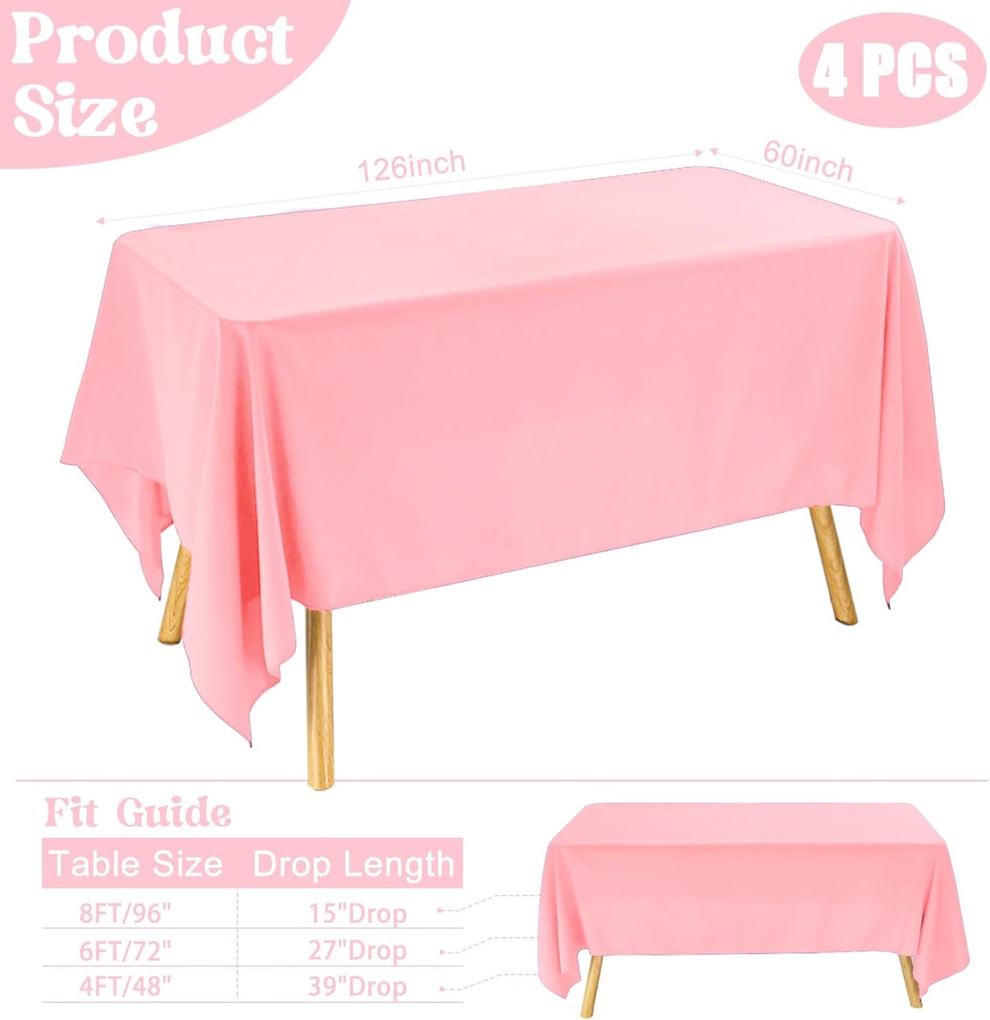 4 Pack Rectangle Tablecloth 60x126 Inch Pink Washable Polyester Table Cover for Wedding Dining Table Buffet Parties Banquet Decoration（Pink）
