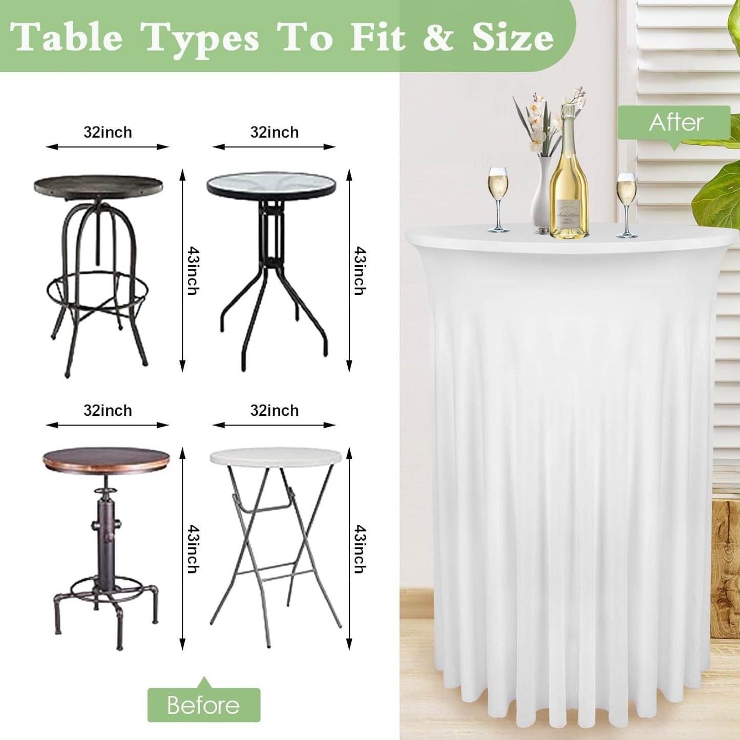 Spandex Cocktail Table Skirt 4 Pack 32x43 Inch Highboy Spandex Cocktail Table Cover White, Table Covers with Wavy Drape High Top Cover for Round Tables (4pc White 32X43)