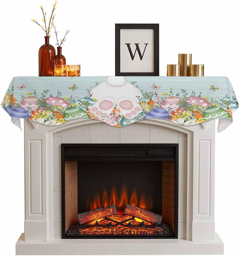 Easter Bunny Tail Fireplace Mantel Scarf Table Runner, Colorful Easter Eggs Teal Wooden Leaves Winter Garland Mantel Top Tablerunners Dresser Scarves Cover for Windows Party Living Room 90''x17''