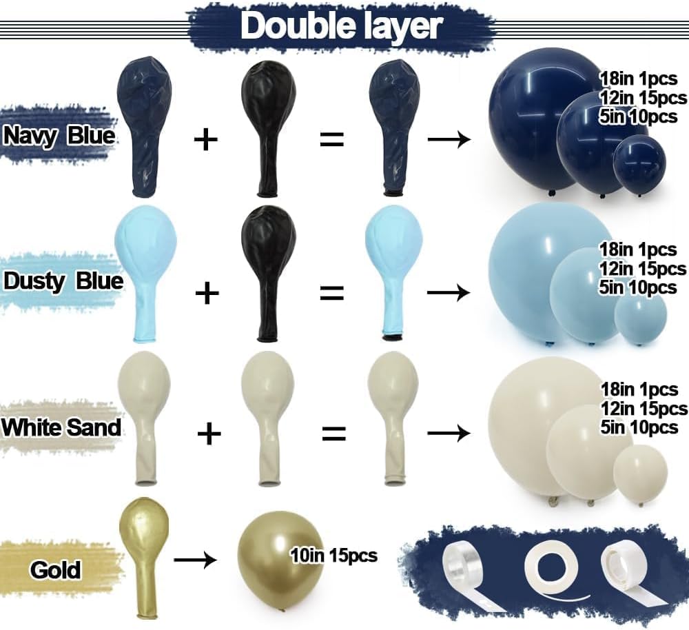 Navy Blue Balloon Garland Double Stuffed Dusty Blue Gold White Sand Balloons Beige Cream Metallic Latex Arch Kit for Neutral Baby Shower Gender Reveal Birthday Wedding Graduation Party Decorations