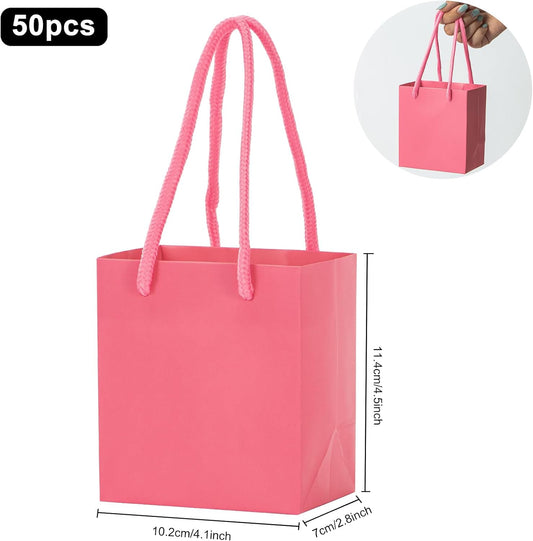 driew Small Pink Gift Bags 50 Pcs, 4" x 2.8" x 4.5" Min Thick Kraft Paper Bags Bulk with Pink Handles Set for Wedding Party Birthday Gathering Baby Shower