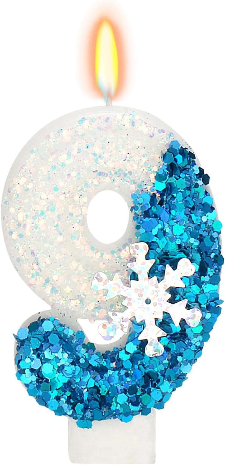 Snow Themed Birthday Candles, 9th Birthday Candle for Party Supplies, Winter Birthday Party Supplies, 2.76 inch Number 9 Cake Topper Decoration (Number 9)