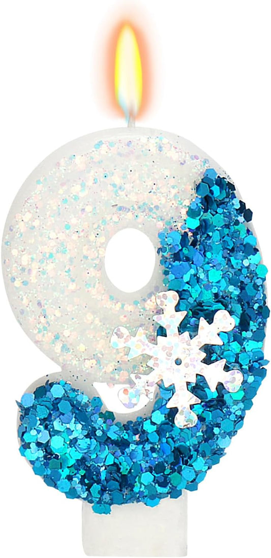Snow Themed Birthday Candles, 9th Birthday Candle for Party Supplies, Winter Birthday Party Supplies, 2.76 inch Number 9 Cake Topper Decoration (Number 9)