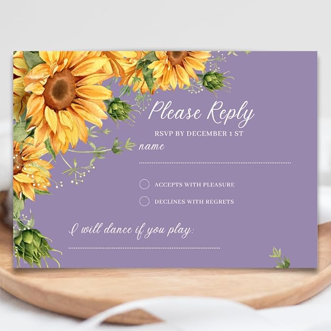 Preprinted Purple and Yellow Sunflower Wedding or Party RSVP Cards, Personalized Response Card Glossy Finish With White Envelopes, Set of 15 with Envelope, 5x3.5 inch Cards (Purple)