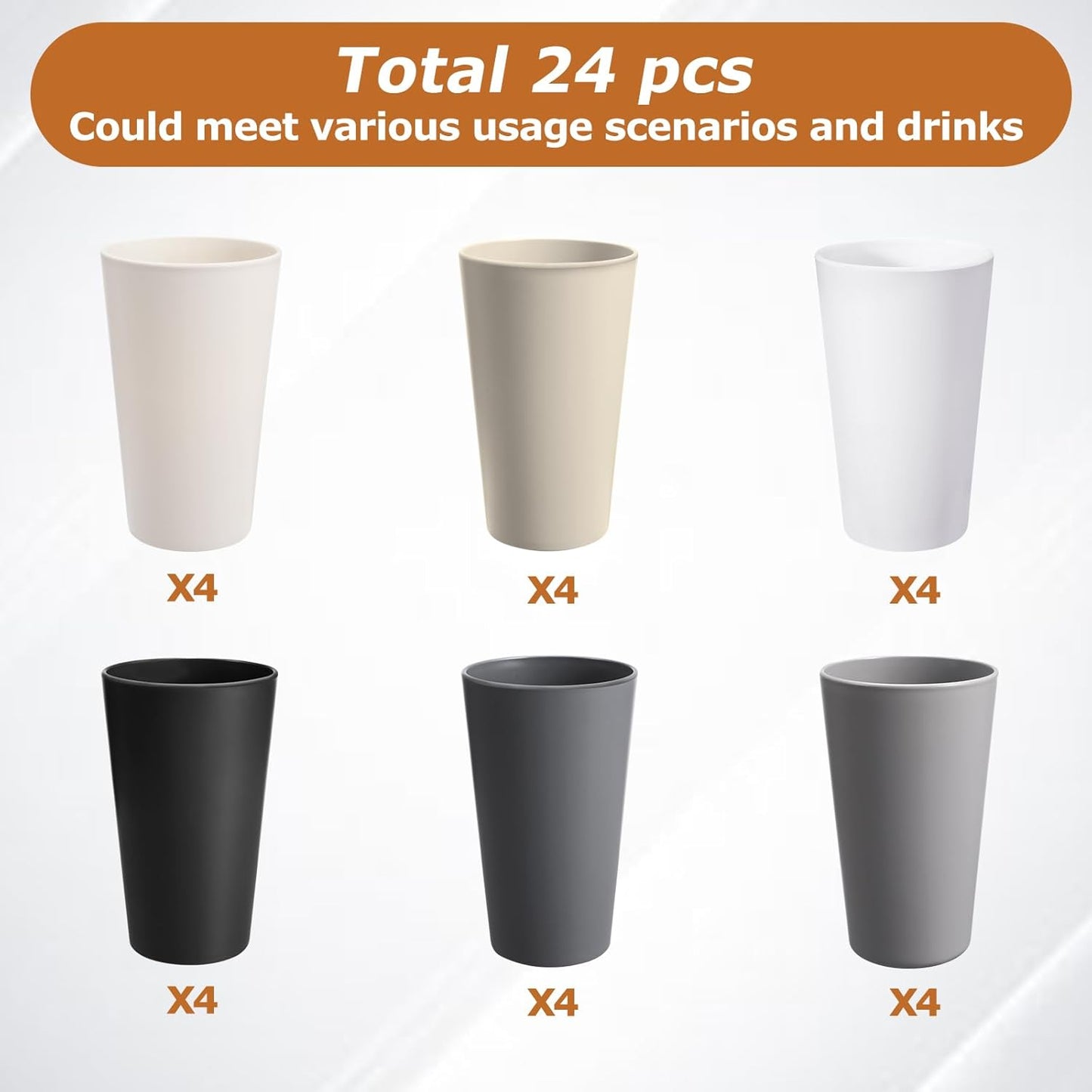 24 Pcs Unbreakable Plastic Cups Set, 20 oz Reusable Plastic Cups, Stackable Water Tumblers, Drinking Cup for Kitchen, Outdoor, BPA-free, Dishwasher Refrigerator and Microwave Safe (20 oz, 6 Colors)