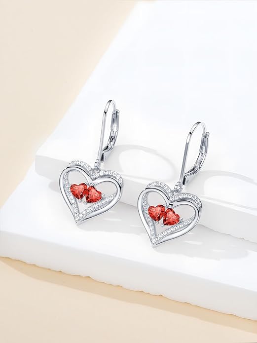 Valentines Day Gifts for Women, Heart Leverback Earrings Double Birthstone Dangle Earrings for Women, Love Jewelry for Her, Anniversary Birthday Gift for Mom Wife Girlfriend