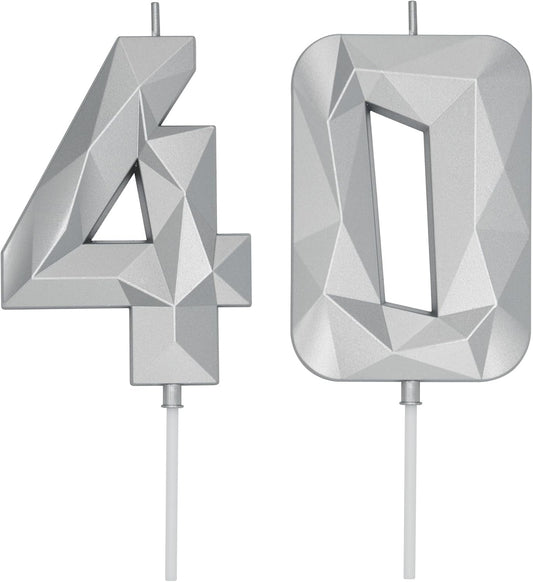 DERVENTA Birthday Candle Big Number 3D Silver 3.7 inch Party Celebration Anniversary Decoration Cake Topper 1 Piece (Number 40 Silver)