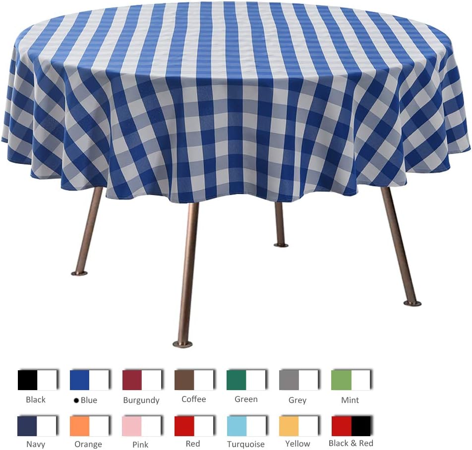 maxmill Round Checkered Tablecloth Spillproof Wrinkle Free Heavy Weight Gingham Table Cloth for Circular Table Cover Buffalo Plaid for Buffet Banquet Parties Holiday Dinner 70 Inch Blue and White