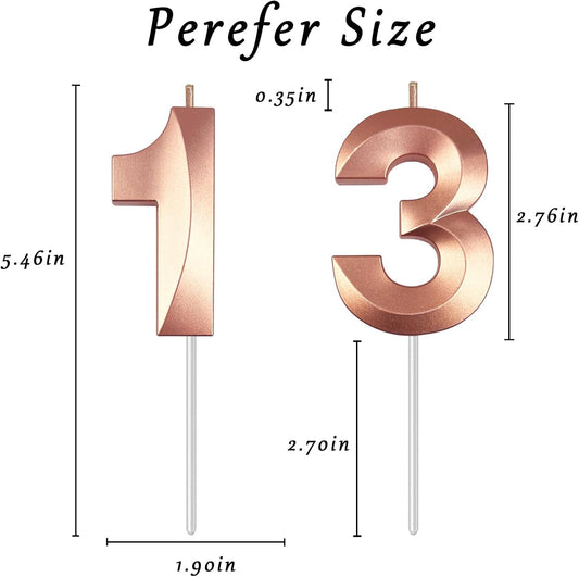 Rose Gold Number 13 Candles, 3D Diamond 2.76 Inch Cake Topper Birthday Candles for Wedding Anniversary Cake Decorations, Happy Birthday Party Decorations