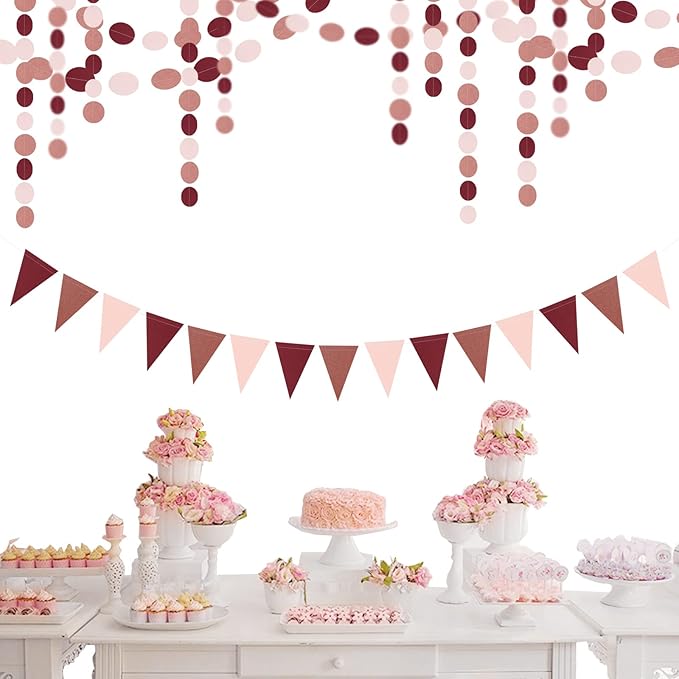 Rose-Gold Pink Burgundy Party Decorations - 52Ft Paper Streamers Women Girl Birthday Garland Baby Bridal Shower Banner Bachelorette Engagement Wedding Mothers Day Valentines Decor HongTongTong