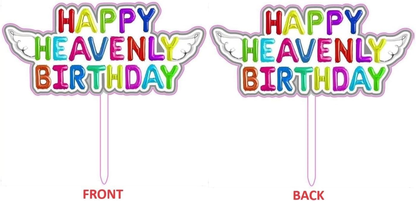 Original Heavenly Birthday Cake Topper - Colorful "Happy Heavenly Birthday" with Angel Wings - 2 Pack Memorial