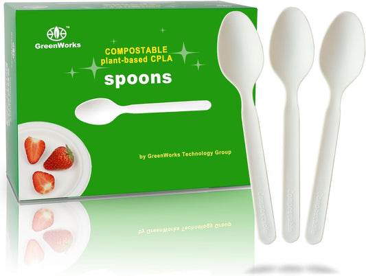 GreenWorks 200 Count Heavy-duty Compostable spoons, BPI Certified Large Disposable Flatware Utensils Spoon