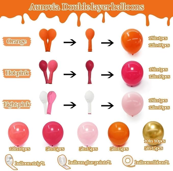 Pink Orange Balloon Garland, Double Stuffed Hot Pink Dark Magenta Balloon Arch Kit Metallic Gold Latex Balloons for Mother's Day Birthday Wedding Baby Shower Tropical Party Decorations