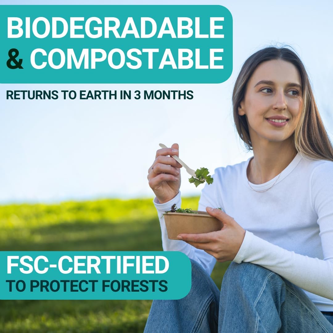 300pcs Disposable Wooden Cutlery Set (150 Forks, 100 Spoons, 50 Knives) Our Heavy Duty Compostable Wood Utensils is FSC Certified Protecting Forests. Zero Plastic Cutlery For Any Occasion