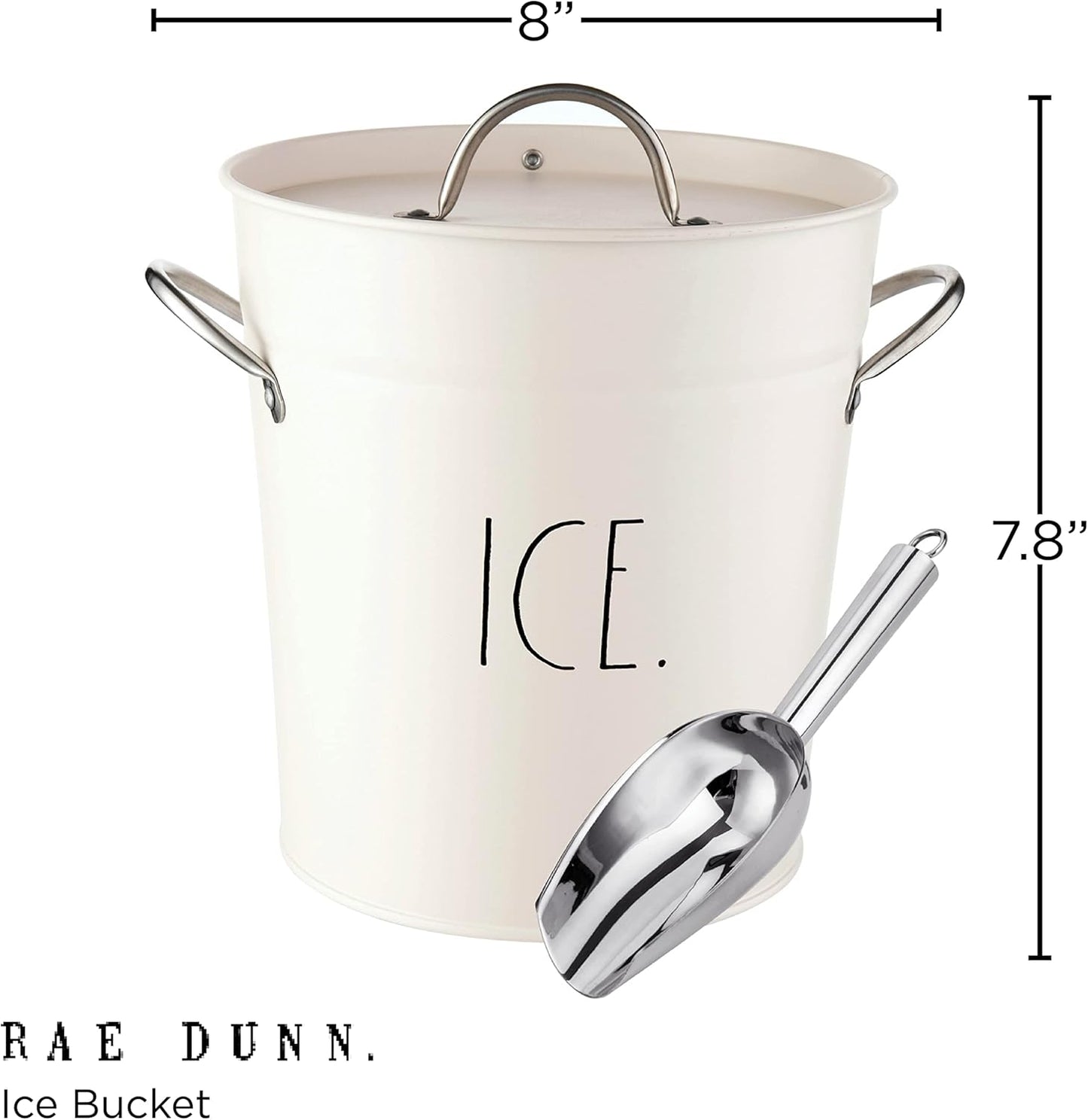 Rae Dunn Ice Bucket with Scoop - Stainless Steel Bucket with Handle, Lid and Ice Scooper - 4 Qt. Storage Bin for Ice Cubes for Bars, Parties, Backyard Barbeques, Picnics, and Camping (White)