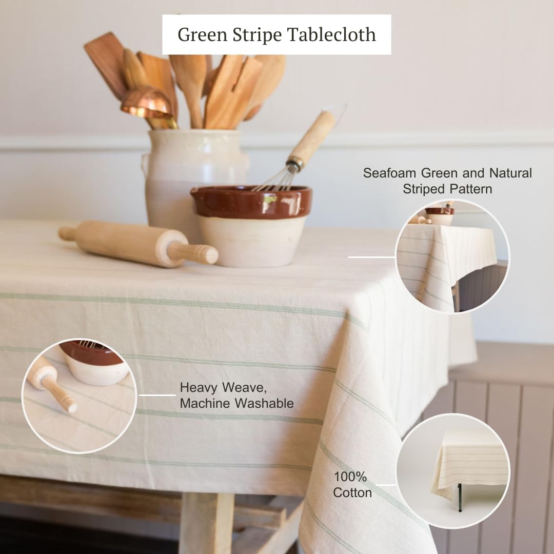 60x90 in Cotton Tablecloth – Large Rectangular Dining Table Cover for Kitchen, Weddings, Parties, Indoor or Outdoor Picnic and Everyday Décor – Green Stripe/Natural