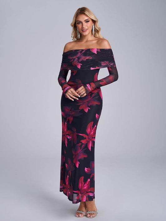 KUTUMAI Women Off Shoulder Bodycon Maxi Dress Long Sleeve Mesh Ruched Party Formal Wedding Guest Dresses