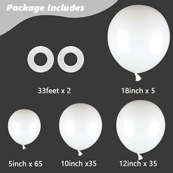 White Balloons, 140pcs 18 12 10 5 Inch Different Sizes Pack Party Latex Balloons for Birthday Halloween Holiday Balloon Garland as Party Decorations