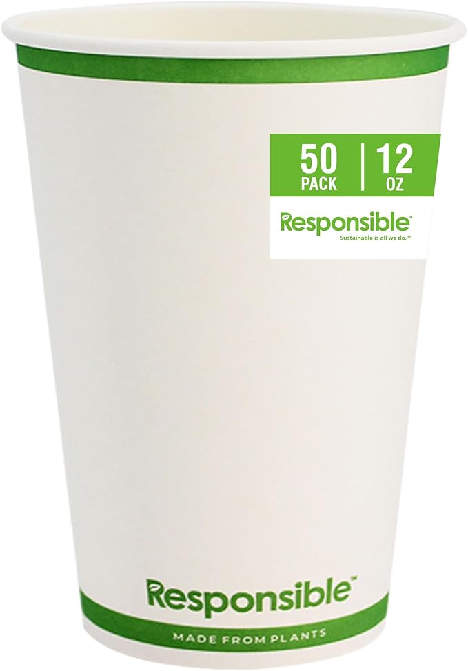 Responsible Products Certified Compostable 12 oz Paper Cups, Cold ＆ Hot Coffee Cups, Disposable Paper Cups, Extra Strength Disposable Cups, Made without PFAS (50 count)