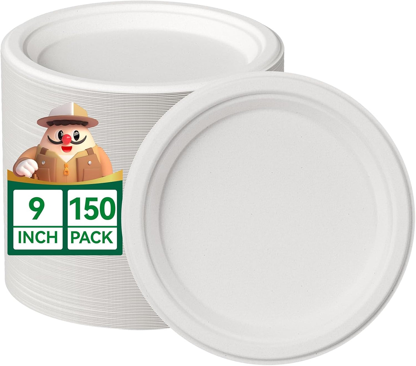 JOLLY CHEF 100% Compostable Paper Plates, 150 Pack 9 Inch Heavy Duty Plates, Disposable Biodegradable Eco-Friendly Sugarcane, Bulk White