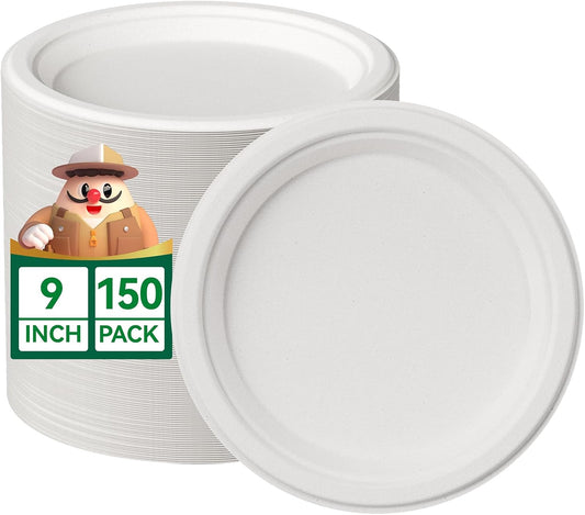 JOLLY CHEF 100% Compostable Paper Plates, 150 Pack 9 Inch Heavy Duty Plates, Disposable Biodegradable Eco-Friendly Sugarcane, Bulk White