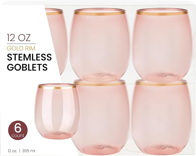 PLASTICPRO 12 Pack Rose With Gold Rim Plastic Wine Glasses Stemless Disposable 12 oz BPA Free Shatterproof Plastic Wine Cups Wine Glasses for Parties