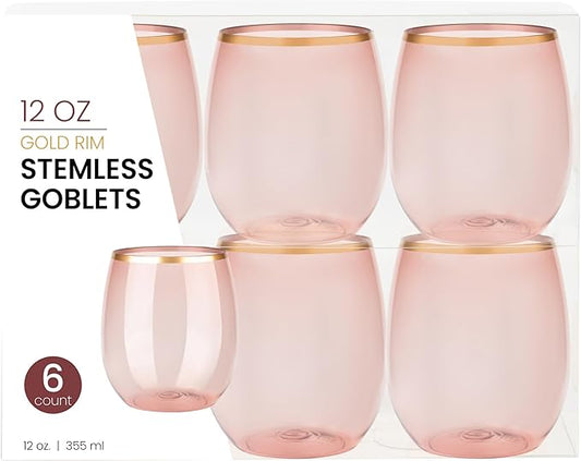 PLASTICPRO 12 Pack Rose With Gold Rim Plastic Wine Glasses Stemless Disposable 12 oz BPA Free Shatterproof Plastic Wine Cups Wine Glasses for Parties