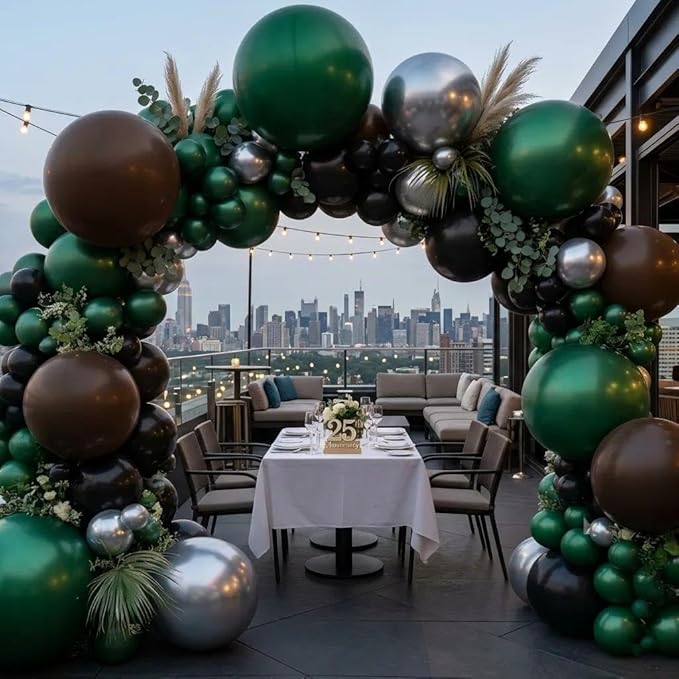 Black Green Balloon Arch Double Stuffed Latex Dark Green Brown Silver Balloon Garland for Camo Birthday New Year Hunting Jungle Boy Baby Shower Anniversary Prom Praty Decor