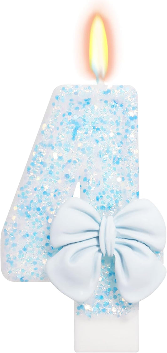 Birthday Candle for Cake, Blue Bow Number Candles, 2.76 inch Number, Cake Topper Decoration for Birthday Party (Number 4)