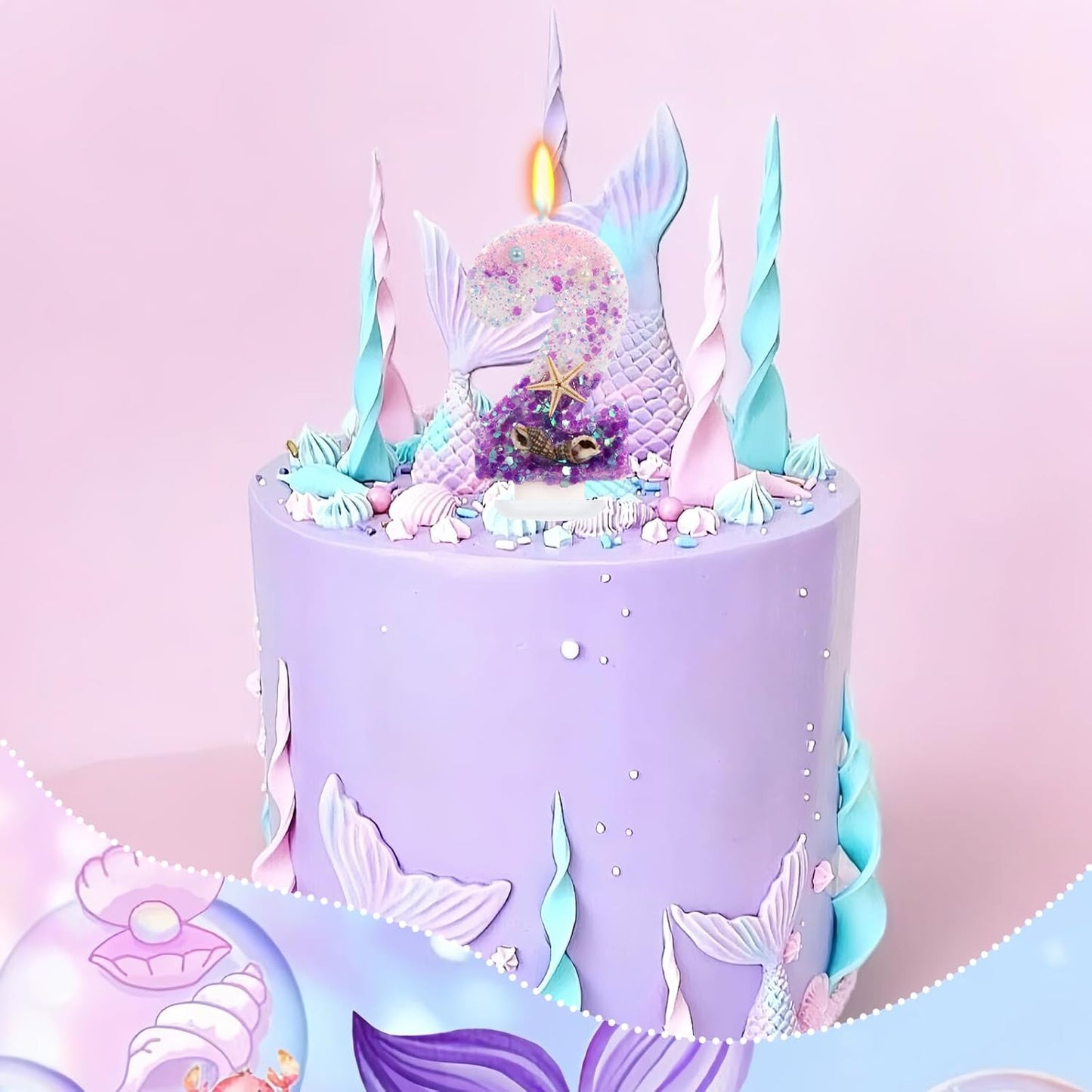 Purple Mermaid Party Number 2 Cake Candles, 2.76 inch Birthday Candle, Cake Topper Decoration for Birthday Party (Number 2)