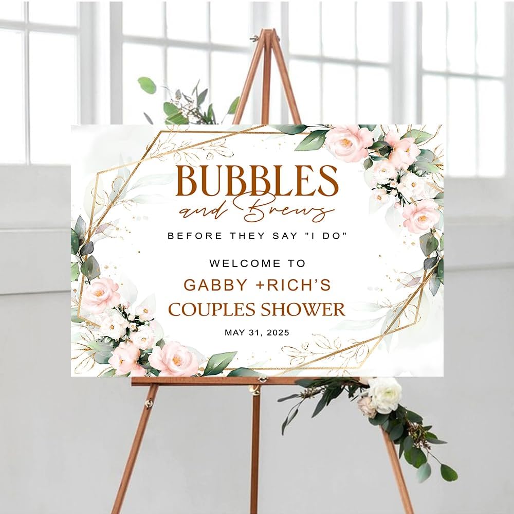 Personalized Greenery Eucalyptus Bubbles and Brews Couples Shower Welcome Sign, Gold Modern Minimalist Wedding Shower Bridal Party Decoration, Outdoor Plastic Sign Weatherproof #10