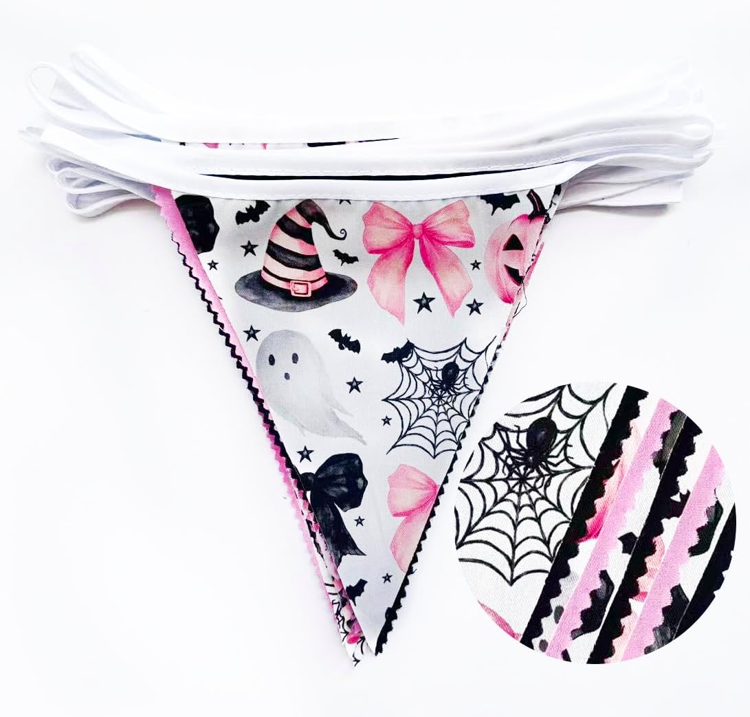 31Ft Pink Black Halloween Party Decorations Spider Bow Pumpkin Skull Bats Fabric Pennant Banner Triangle Flag Garland Streamer for Halloween Trick or Treat Birthday Baby Shower Outdoor Party Supplies