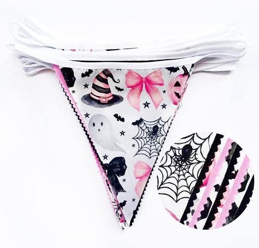 31Ft Pink Black Halloween Party Decorations Spider Bow Pumpkin Skull Bats Fabric Pennant Banner Triangle Flag Garland Streamer for Halloween Trick or Treat Birthday Baby Shower Outdoor Party Supplies